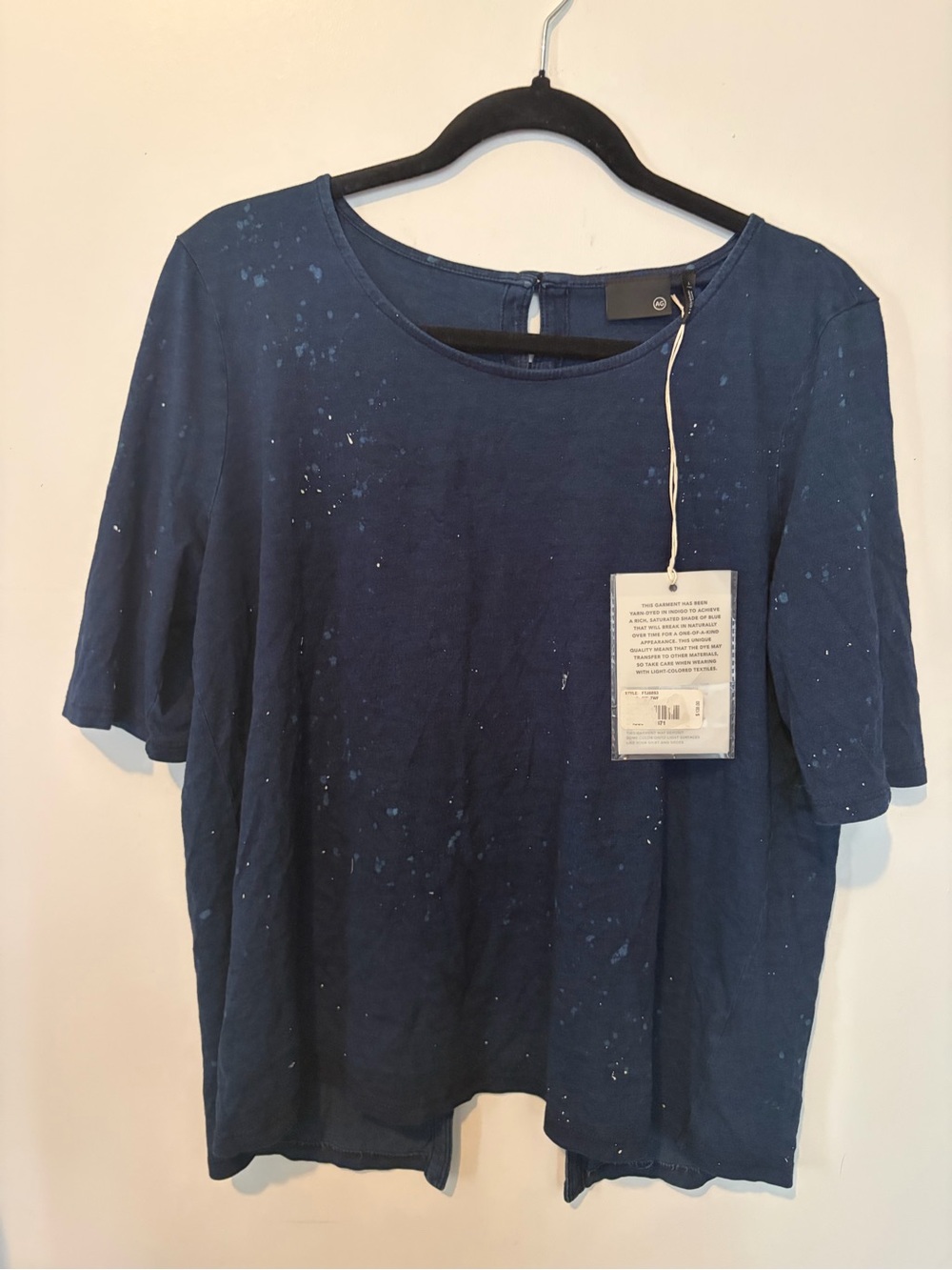 NWT Ag Adriano Goldschmied Navy Tee with Paint-Speckle Detail - L